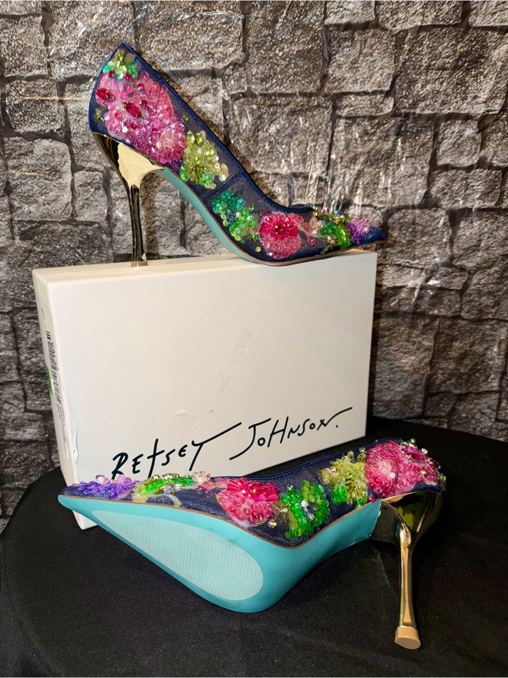 Betsey Johnson 😍 Navy Blue Floral Crystal Embellished Stilettos